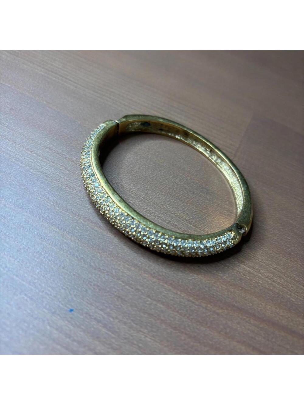 Vintage Roman Cuff Bracelet Hinged Bangle Gold Tone Clear Rhinestones
